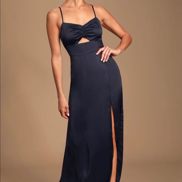 navy blue satin maxi dress